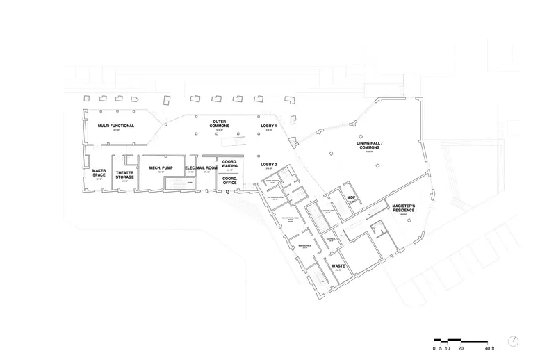 Ground floor plan drawing showing lobby spaces, mechanical rooms, and an angled residential wing