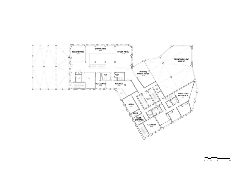 Upper floor plan drawing showing study rooms, kitchen, dining areas, and private bedroom suites