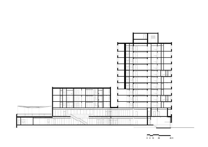 Section drawing revealing a tall tower block and lower podium structure with sloped topography to the left