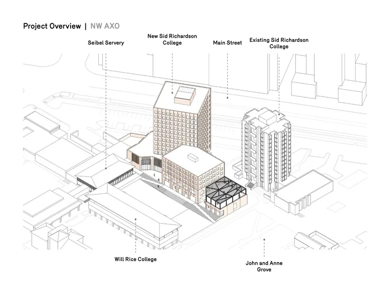 Axonometric drawing depicting a campus composition with a tall tower, podium volumes and surrounding contextual buildings