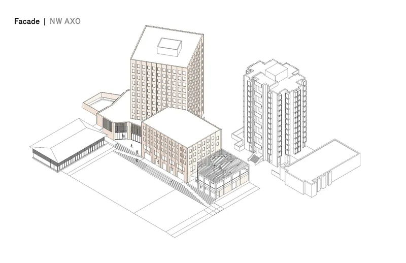 Axonometric drawing showing the gridded tower facade and curved glass pavilion among low-rise surrounding structures