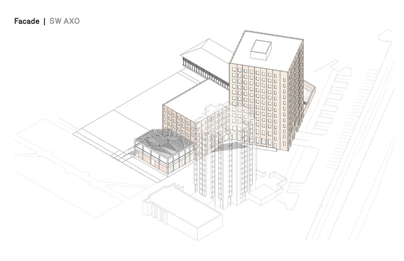 Axonometric drawing showing a multi-tower complex with gridded facades and connecting low-rise volumes