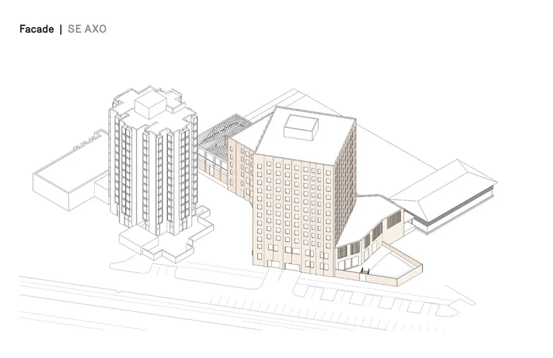 Axonometric drawing depicting three towers of varying heights with a sawtooth roofline along the street edge