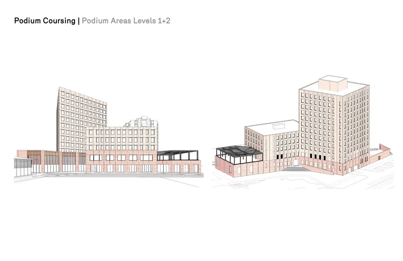 Elevation drawing showing the two-level podium coursing with horizontal banding wrapping the tower bases
