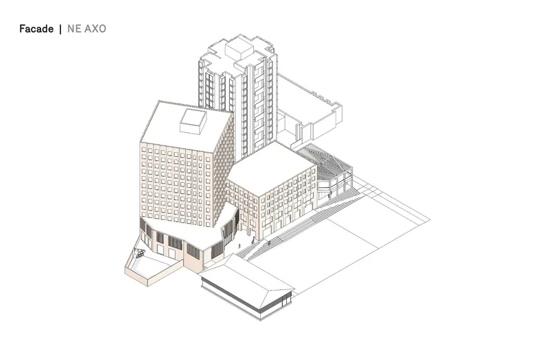 Axonometric drawing revealing a curved corner podium entry with vertical fenestration beneath two residential towers