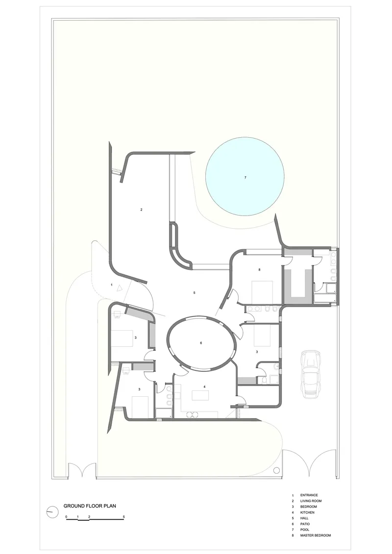 Ground floor plan drawing showing curvilinear rooms radiating from a central oval space