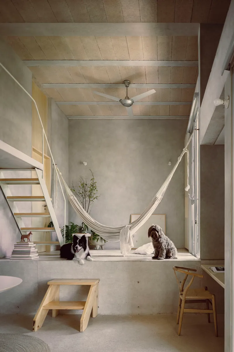 Double-height space with white hammock stretched between concrete walls, two dogs resting on the polished floor below