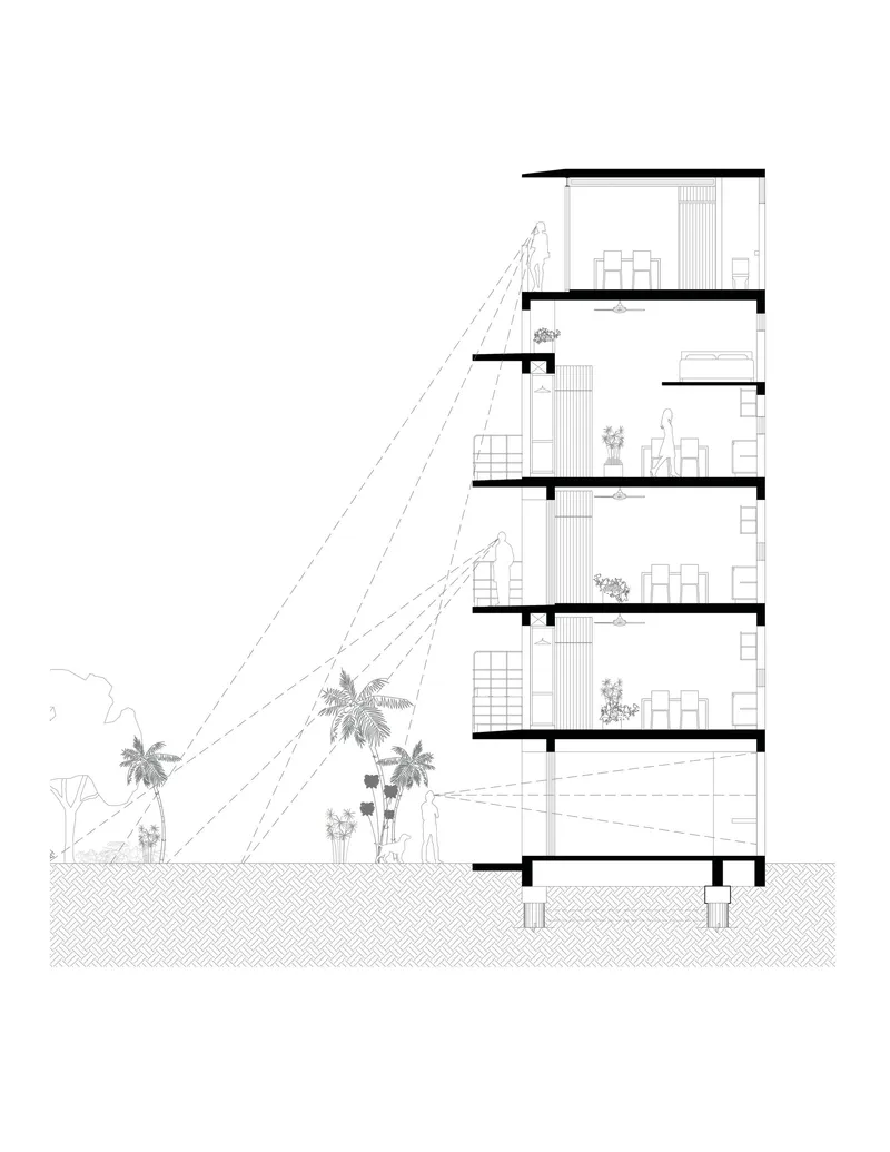 Section drawing depicting five stacked residential levels with palm trees and diagonal sight lines indicated