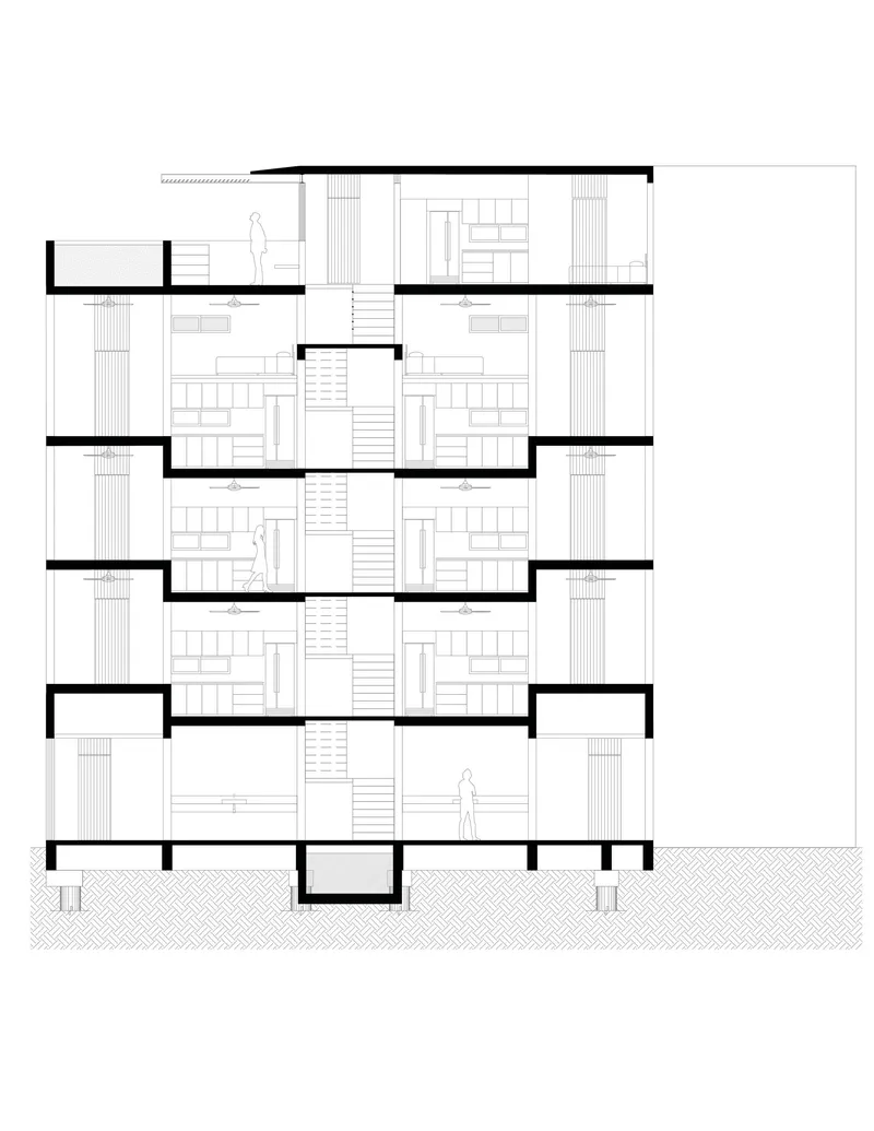 Section drawing showing five levels with central stair core and balconies with human figures for scale
