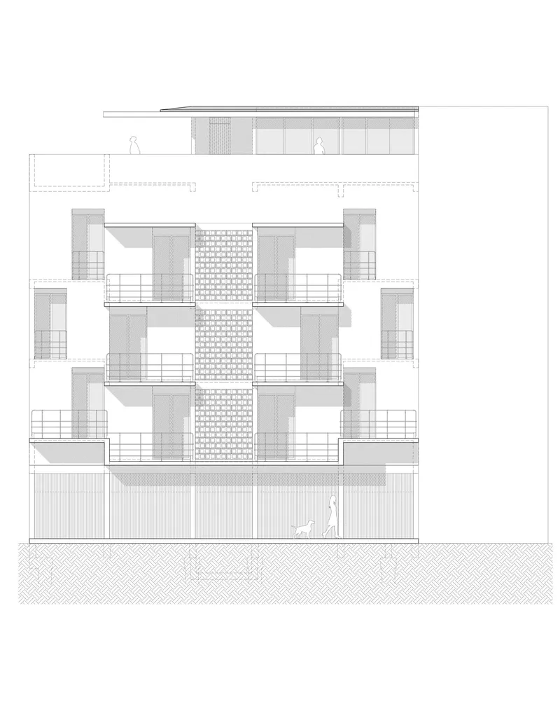 Elevation drawing depicting stacked balconies with screens and a textured central facade panel