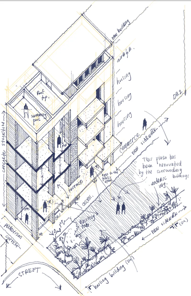 Axonometric sketch with handwritten annotations showing housing units arranged around a shared terrace and rooftop garden