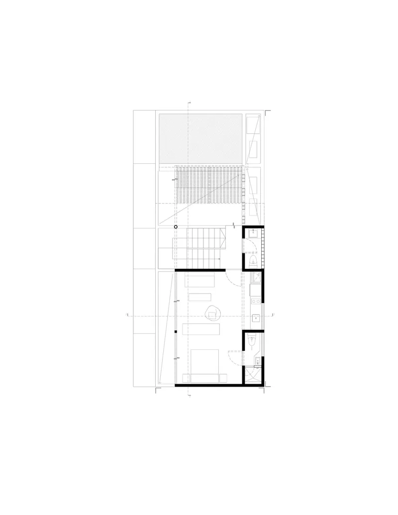 Floor plan drawing showing ground level with slatted screen element and adjacent enclosed rooms