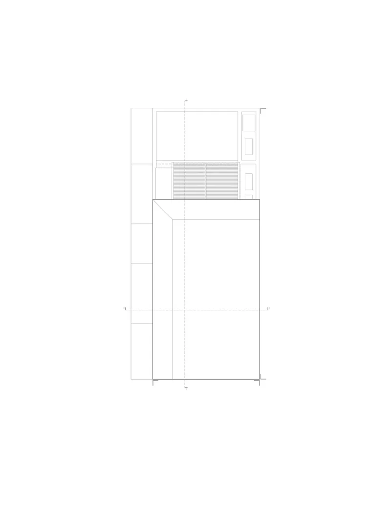 Elevation drawing displaying narrow street facade with upper louvered section and projecting volume