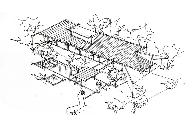 Axonometric sketch showing pitched roof pavilions surrounded by trees and landscape