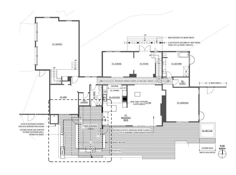 Floor plan drawing showing the addition connecting garage, dining room, kitchen and new screened deck