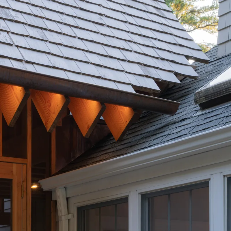 Junction of slate shingle roofs with exposed timber eaves and triangular soffit openings at dusk