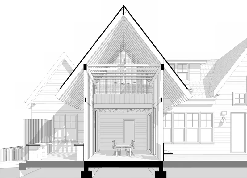 Section drawing through the peaked roof pavilion showing interior seating area and adjacent house volumes