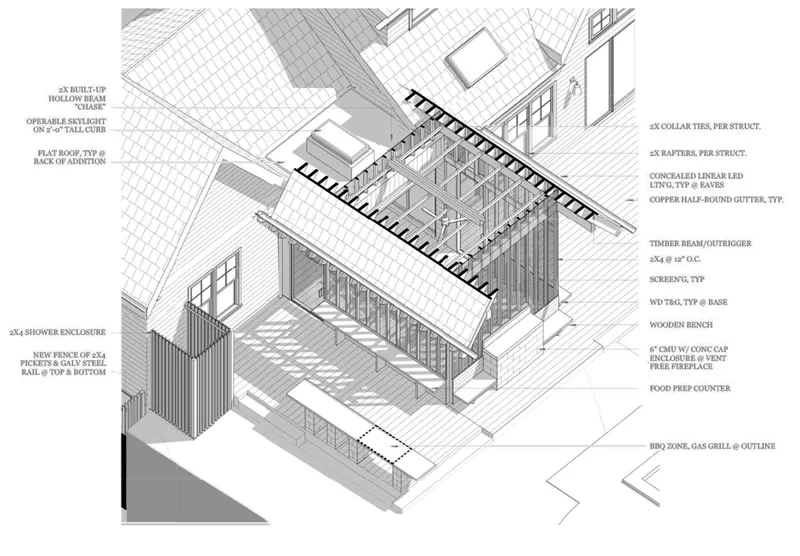 Axonometric drawing showing a residential addition with timber framing and skylight details with annotation labels