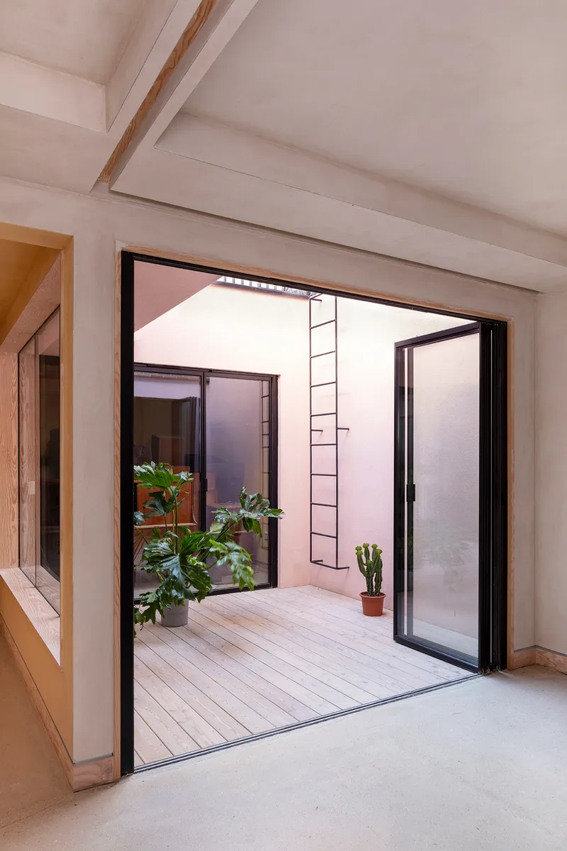 Interior view through open door to courtyard with potted plants and black steel ladder on white wall