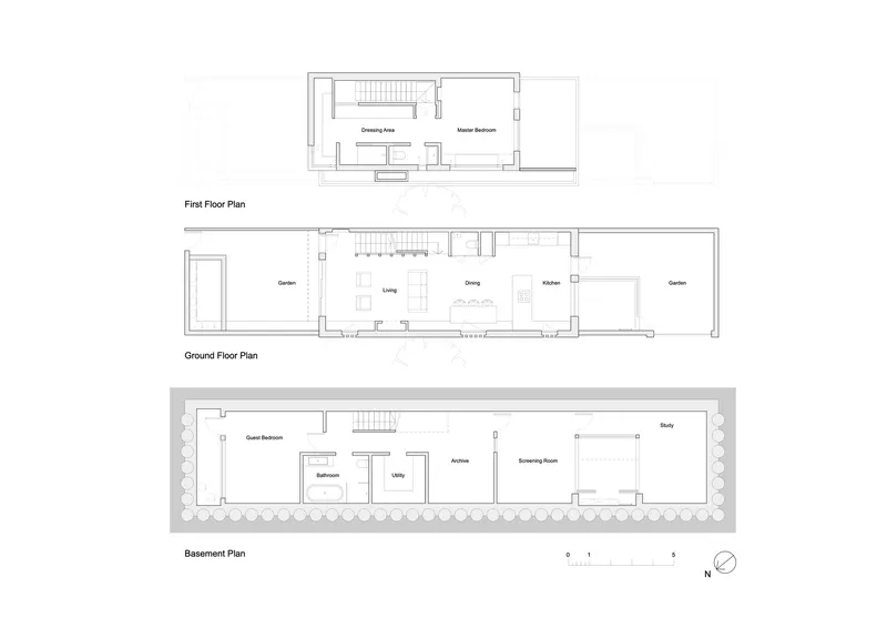 Floor plans showing basement, ground floor and first floor layouts with labeled rooms and central staircase