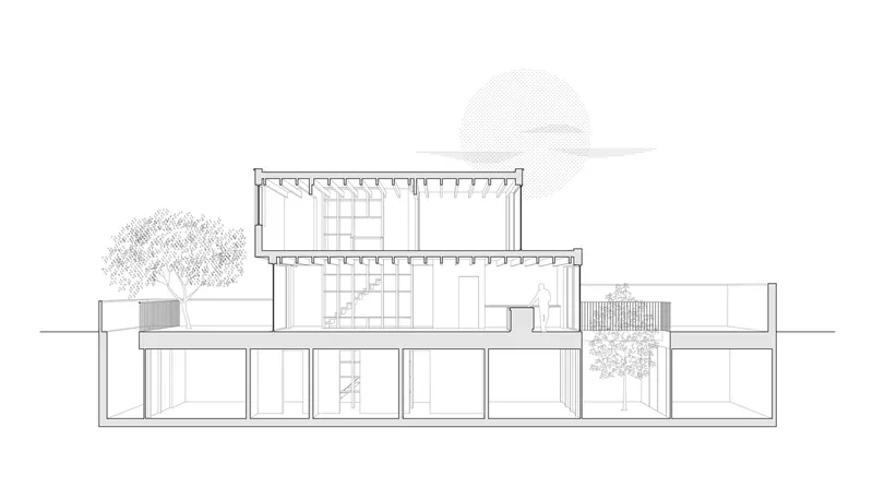 Section drawing revealing three-story interior volumes with timber structural framing and trees flanking the residence