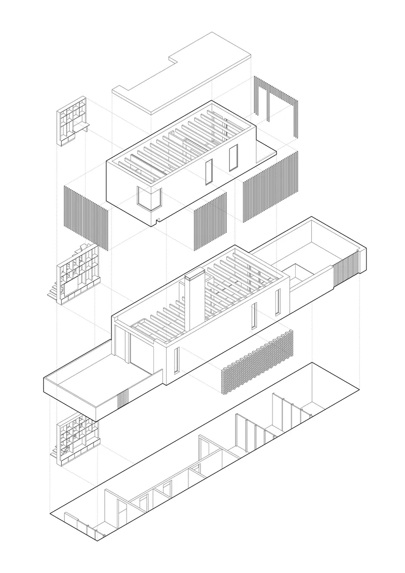 Exploded axonometric drawing separating three levels showing roof structure, screening elements and interior organization