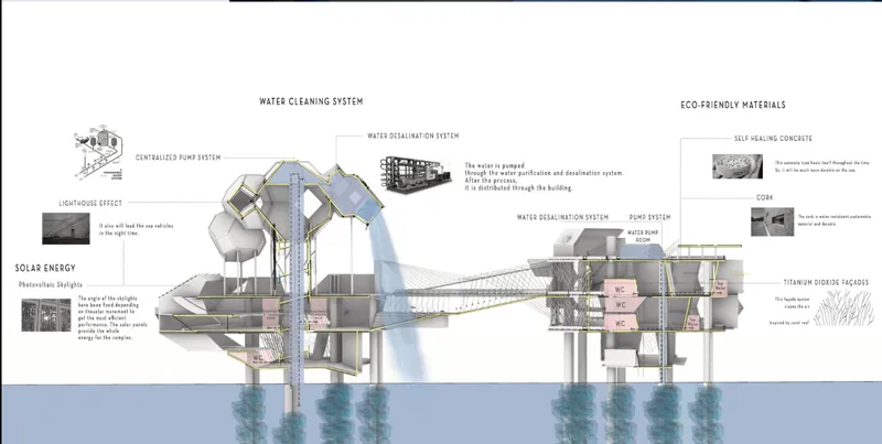 Water purification, renewable energy, and eco-friendly materials support a self-sufficient offshore architecture model.