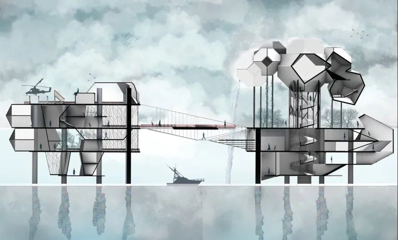 A sectional view revealing interconnected spaces, elevated platforms, and a bridge linking the island's key functions.