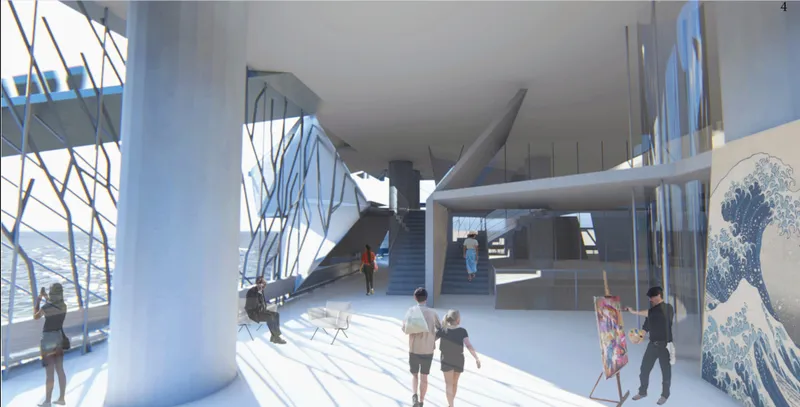 Expansive exhibition spaces framed by natural light and marine-inspired façades create an immersive visitor journey.