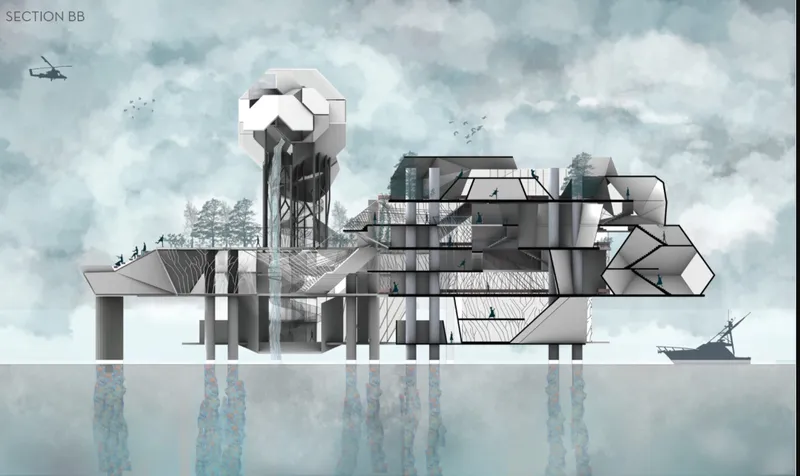 The building's layered program integrates gardens, cultural spaces, and observation areas above the sea.