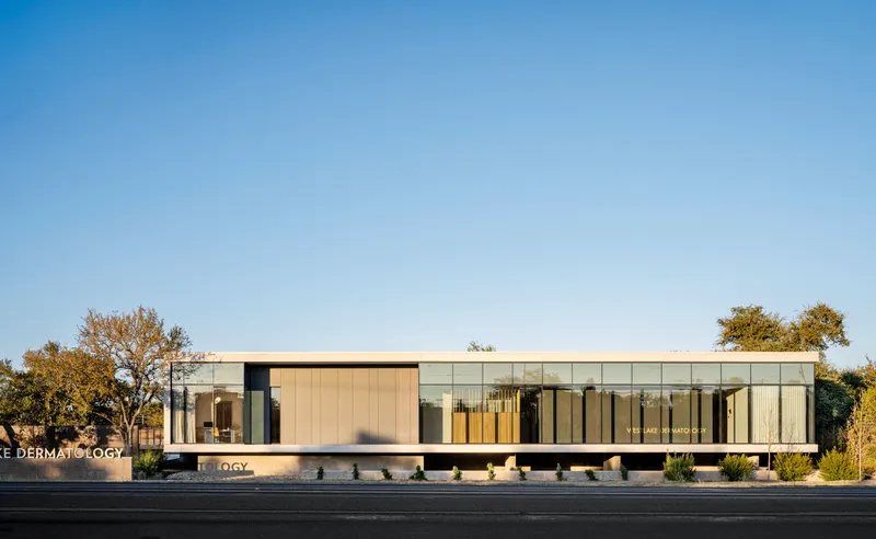 Elevated single-story volume with vertical metal cladding and glass curtain wall flanked by trees in afternoon light