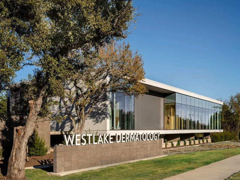 Entry facade with stone base wall and mature trees casting shadows across the white panels and glass