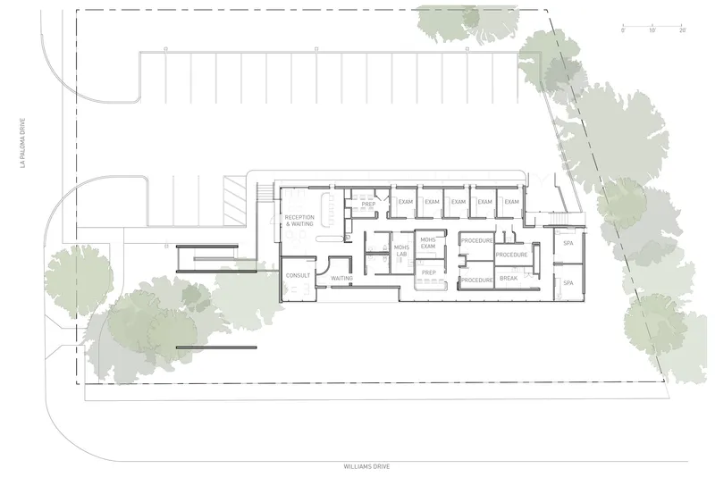 Site plan drawing showing rectangular floor layout with parking and surrounding trees