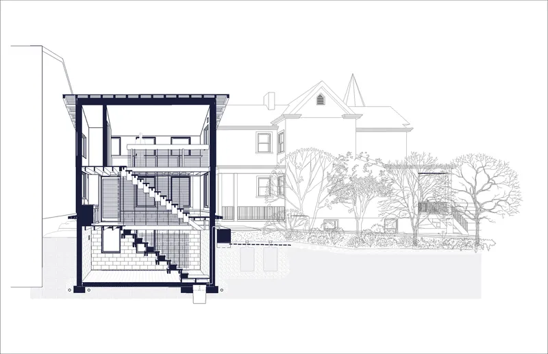 Section drawing through the new addition showing vertical circulation and connection to existing house beyond