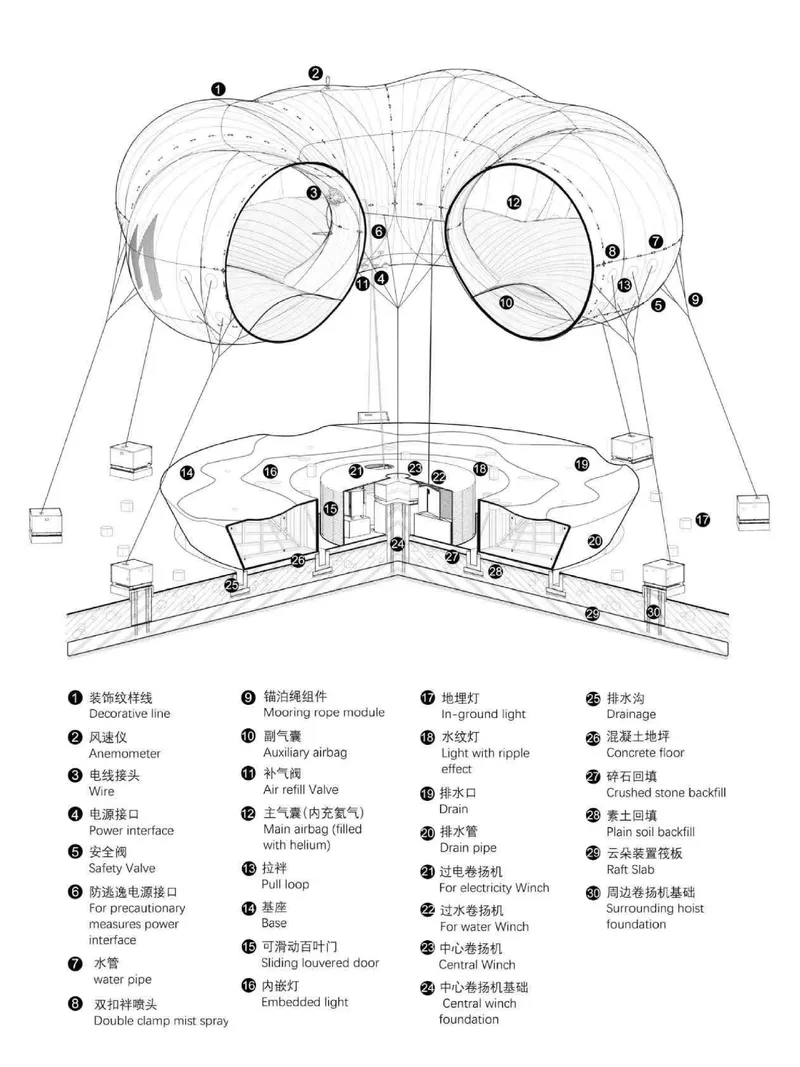 Axonometric technical drawing of an inflatable membrane structure with internal airbags and anchoring systems