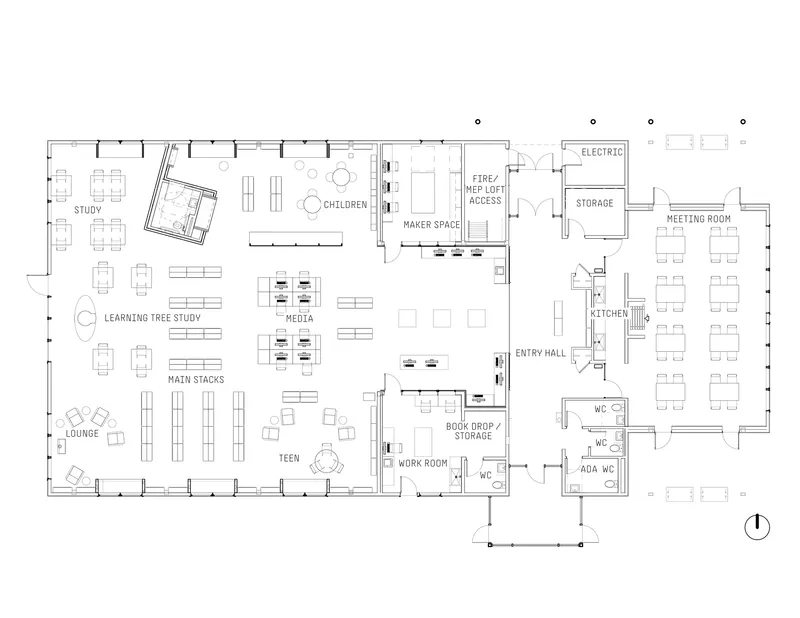 Floor plan drawing showing study areas, maker space, kitchen and meeting rooms with furniture layouts