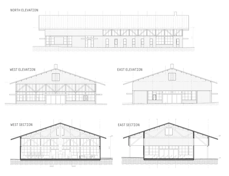 Elevation and section drawings showing the gabled roof structure with exposed trusses and clerestory windows