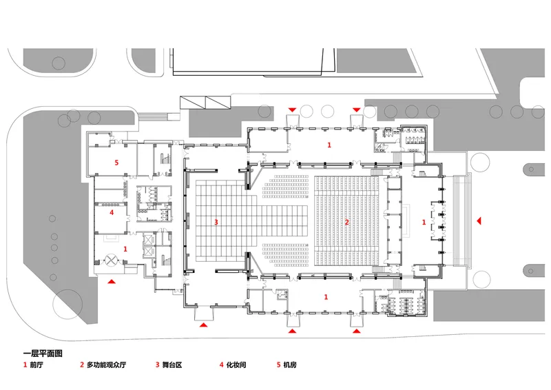 First floor plan drawing showing a large central hall flanked by auxiliary spaces and courtyards