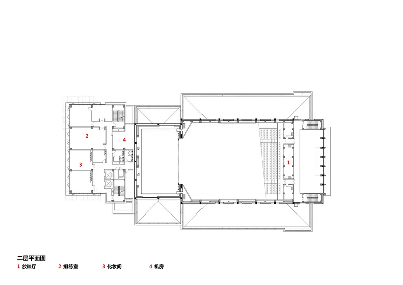 Second floor plan drawing showing a large open volume over the central hall with service spaces to the side