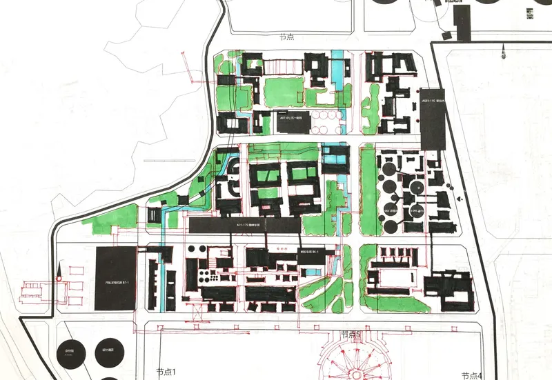 Site plan drawing indicating building footprints, green spaces, and circulation paths across the development
