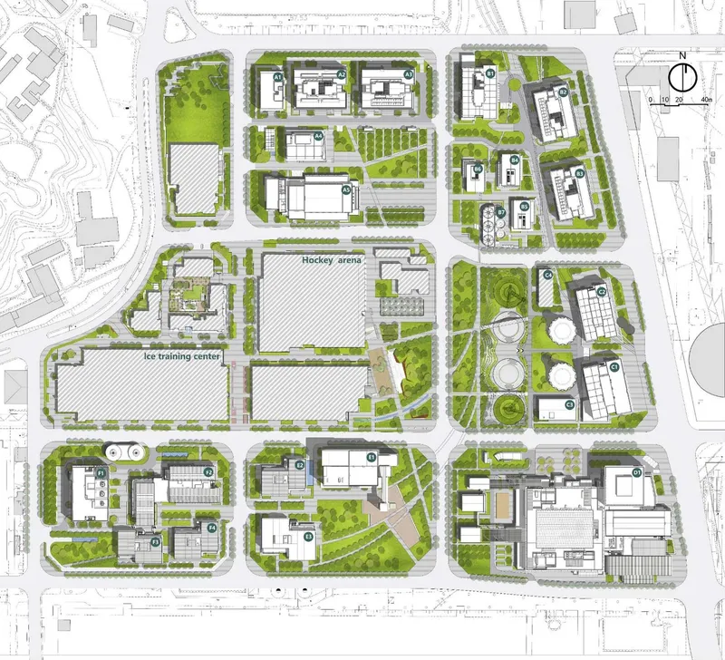 Site plan showing building clusters surrounded by green landscaped areas and tree-lined streets