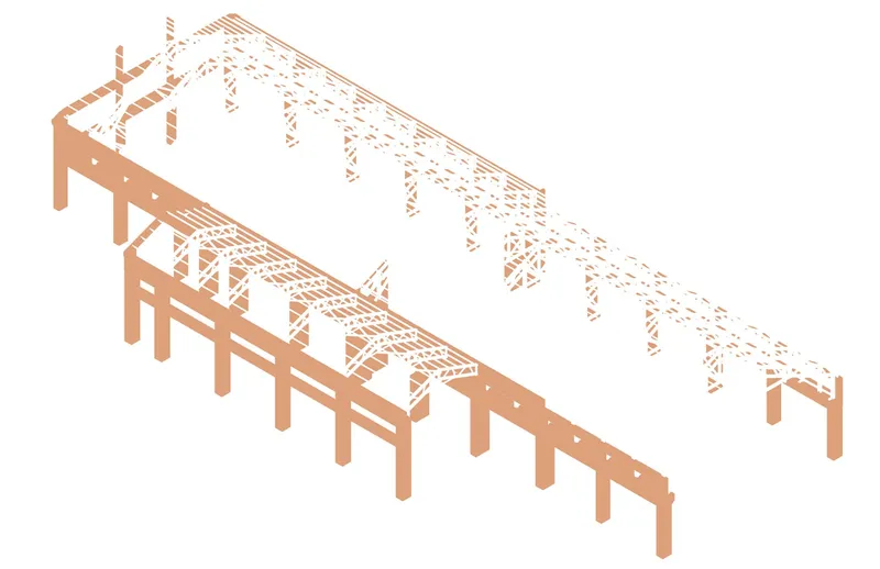 Isometric drawing of timber post-and-beam structure with exposed roof trusses and decking