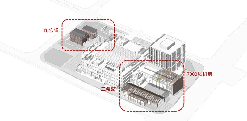 Axonometric site drawing showing multiple building volumes with annotated mechanical rooms and auxiliary structures
