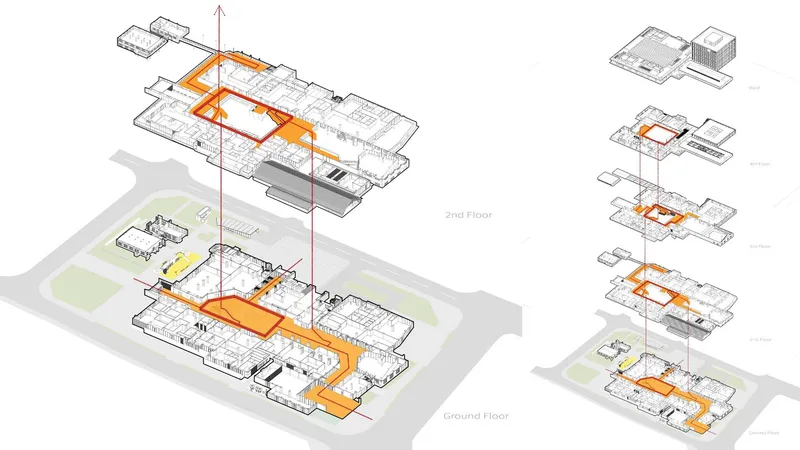 Exploded axonometric drawing showing ground and second floor plans with circulation paths highlighted in orange