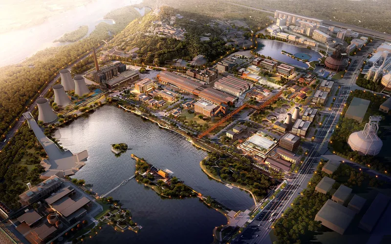 Aerial rendering of a waterfront campus with industrial towers and low buildings at dusk