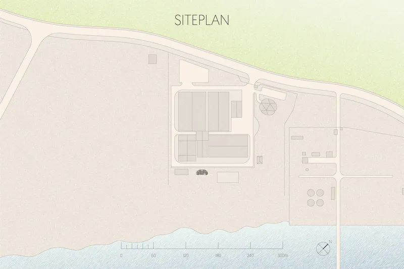 Site plan drawing showing building footprints arranged along a waterfront with surrounding roads and landscape