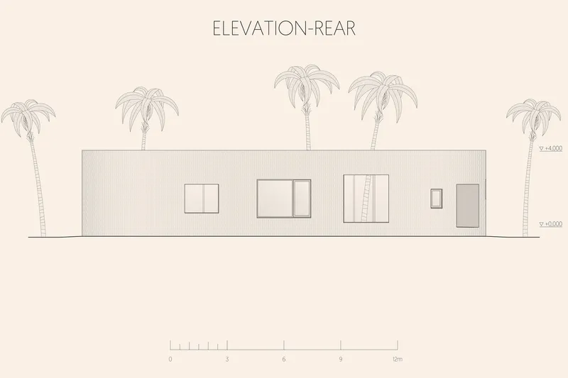 Rear elevation drawing showing facade with varied window sizes and palm trees in the landscape