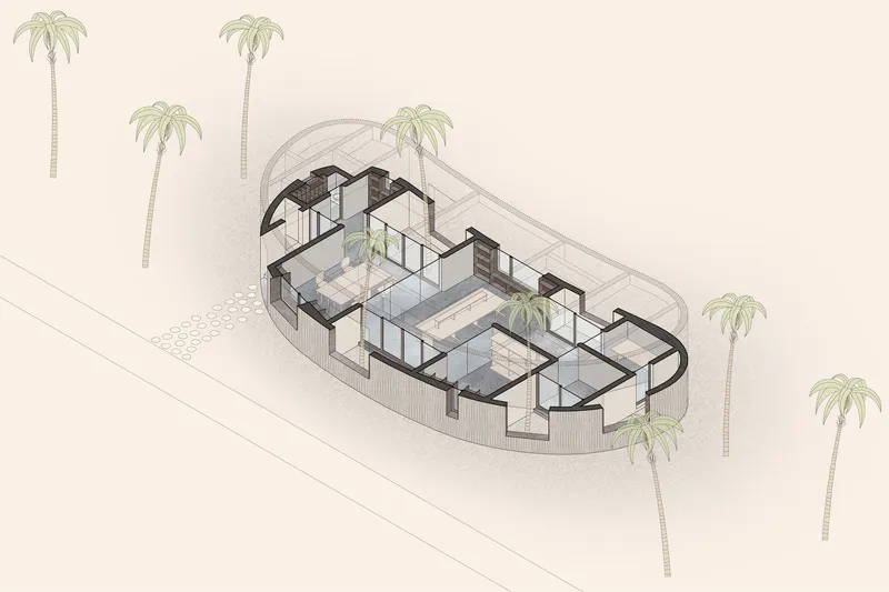 Axonometric drawing of a pavilion with courtyards and palm trees on sandy terrain