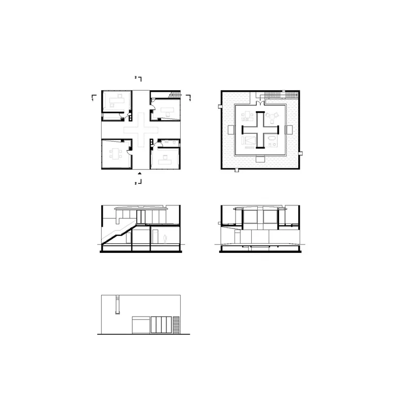 Floor plans, sections and elevations showing a cruciform central space and corner volumes