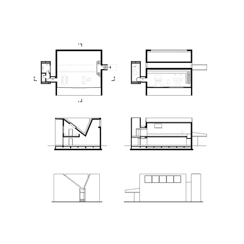 Architectural drawings including floor plans, sections and elevations with a diagonal roof element